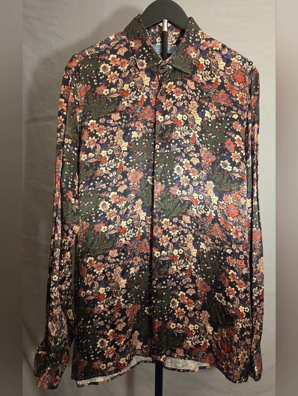 Zara Men's Floral Shirt Jacket - Black with Red & Cream Floral